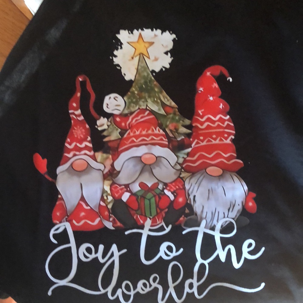 Large women’s Christmas T.Shirt joy to the world gnome holiday themed